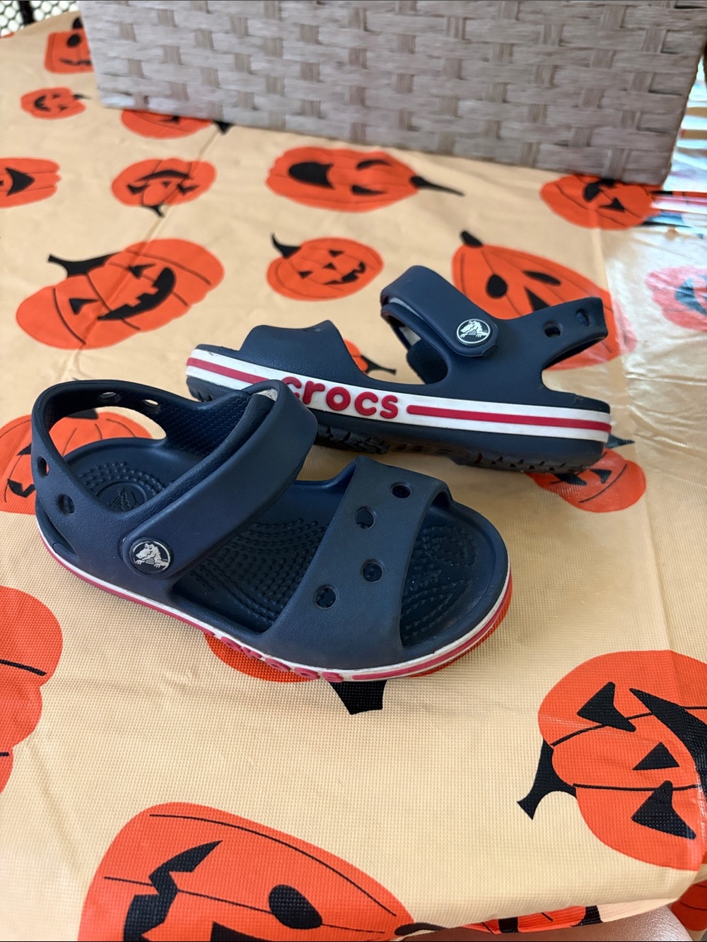 CROCS Navy Kids' Sandal with Red & White Stripe